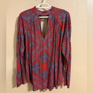 Free People Boho Print Blouse Red Blue Geometric Paisley Long Sleeve Top